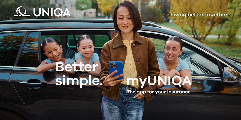 The myUNIQA app was also promoted with a new campaign: a woman holding a smartphone, with three children in a car smiling toward the device.
